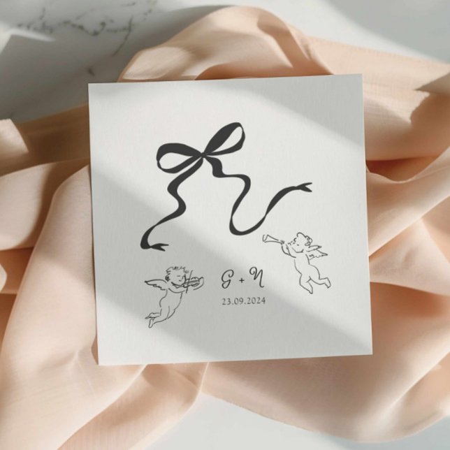 Serviette En Papier Mariage de cabot Whimsical Napkin (hand drawn bow cocktail napkin cherub illustrated napkin wedding cocktail napkin)