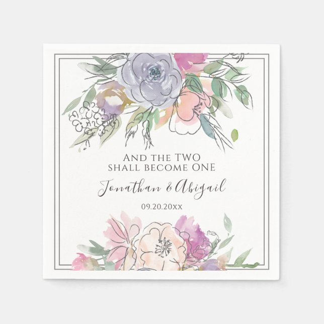 Serviette En Papier Mariage de cadre gris floral rose pâle violet (Devant)