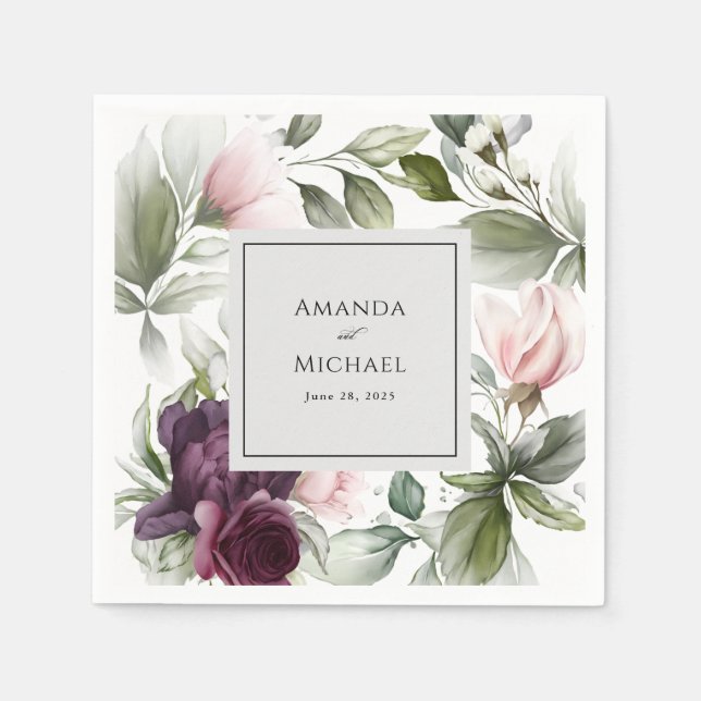Serviette En Papier Mariage de charme botanique rose et prune (Devant)