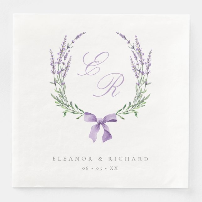 Serviette En Papier Mariage de couronne et de monogramme de lavande (Devant)