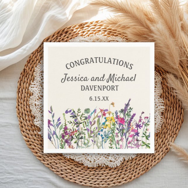 Serviette En Papier Mariage de crème Fleur sauvage aquarelle (Custom watercolor wildflowers wedding/engagement paper napkins)
