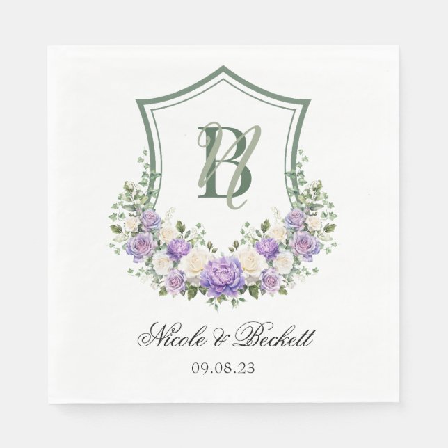 Serviette En Papier Mariage de crête florale blanche violette (Devant)