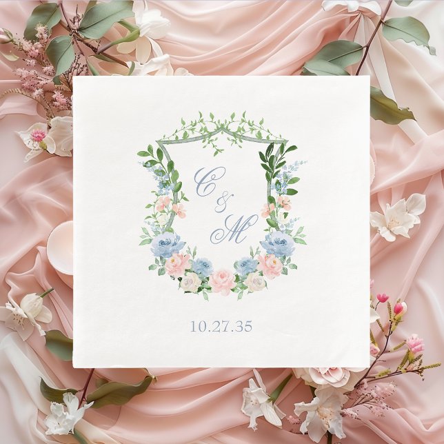Serviette En Papier Mariage de crête florale bleu poussiéreux (Créateur téléchargé)
