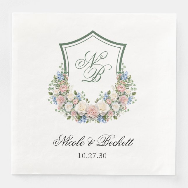 Serviette En Papier Mariage de crête florale bleu poussiéreux (Devant)