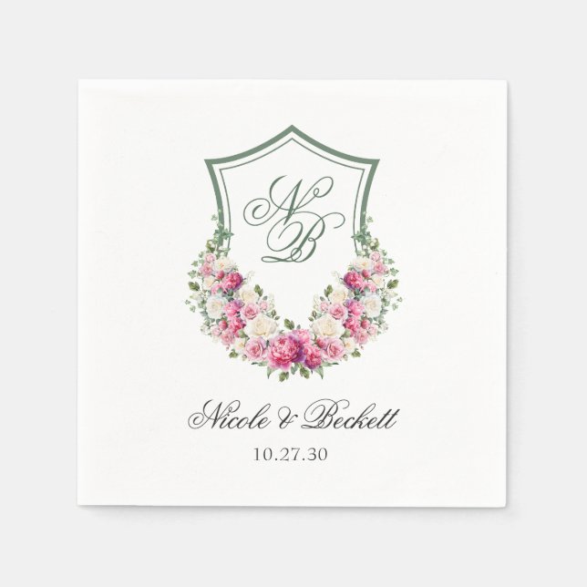 Serviette En Papier Mariage de crête florale rose (Devant)