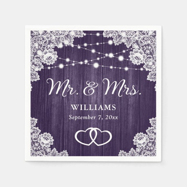 Serviette En Papier Mariage de dentelle violet rustique (Devant)