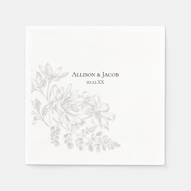 Serviette En Papier Mariage de dessin de ligne Florale blanche noire (Devant)
