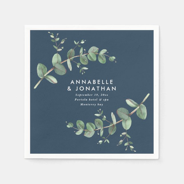 Serviette En Papier Mariage de feuillage bleu marine (Devant)