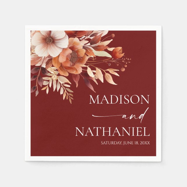 Serviette En Papier Mariage de fleurs Brown rouillées de Bourgogne (Devant)