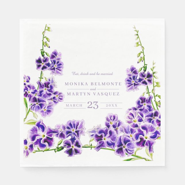 Serviette En Papier Mariage de fleurs d'aquarelle violet duranta (Devant)