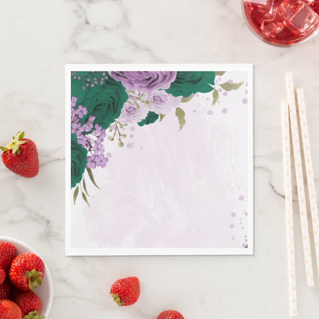 Serviette En Papier mariage de fleurs violettes vert émeraude (En situation)