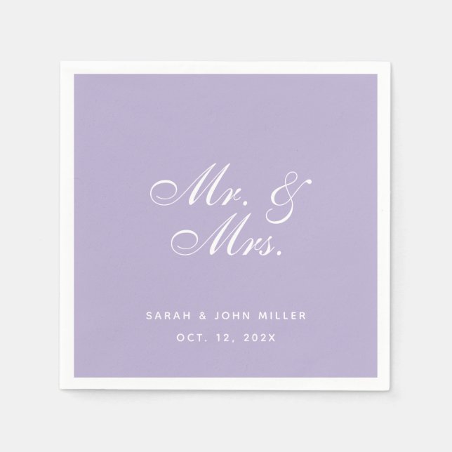 Serviette En Papier Mariage de M. et Mme Lavender Violet Blanc Script (Devant)