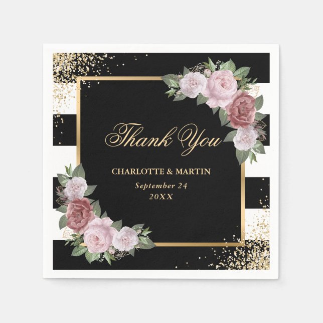 Serviette En Papier Mariage de Merci Floral rose Noir (Devant)