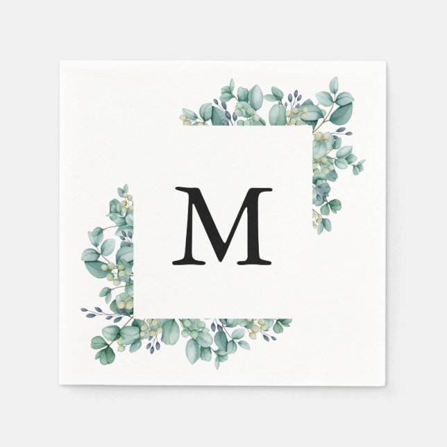 Serviette En Papier Mariage de monogramme à feuilles vertes d'Eucalypt (Devant)