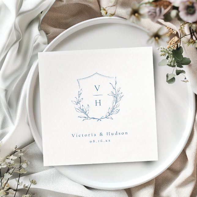 Serviette En Papier Mariage de monogramme bleu simple de crête botaniq (Blue simple botanical crest monogram wedding Napkins)