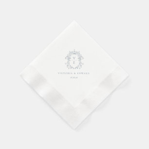 Serviette En Papier Mariage de monogramme de crête bleu poussiéreux