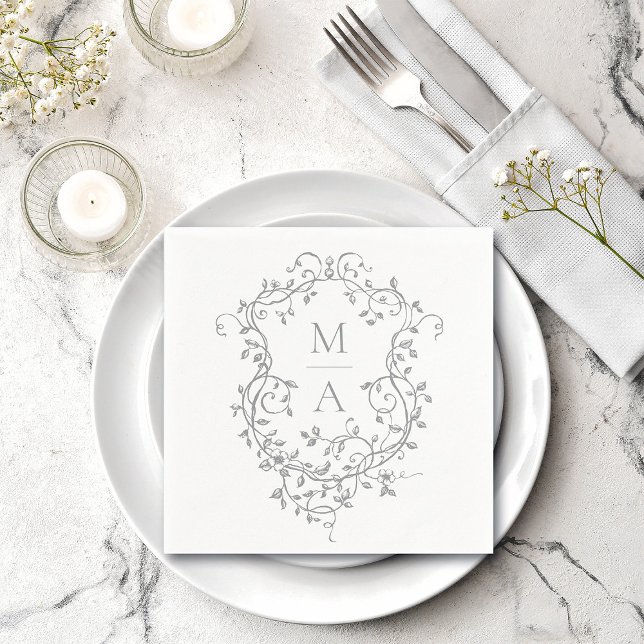 Serviette En Papier Mariage de monogramme de crête florale gris classi (Créateur téléchargé)