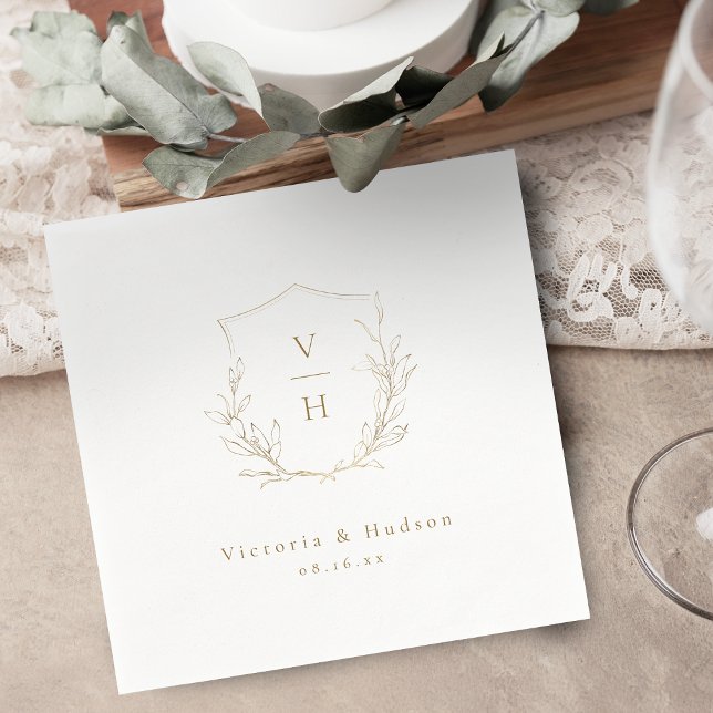Serviette En Papier Mariage de monogramme d'écusson botanique simple e (Gold simple botanical crest monogram wedding napkins)