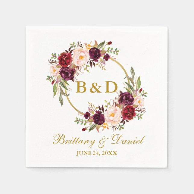 Serviette En Papier Mariage de monogramme d'or de couronne florale de  (Devant)