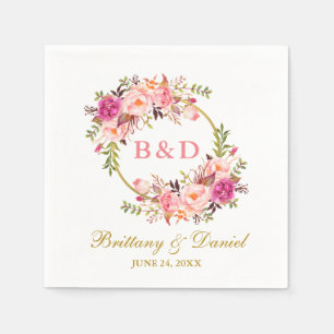 Serviette En Papier Mariage de monogramme d'or rose floral