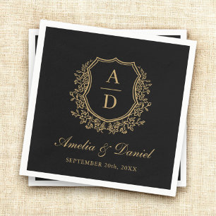 Serviette En Papier Mariage de monogramme élégant de la crête d'or noi