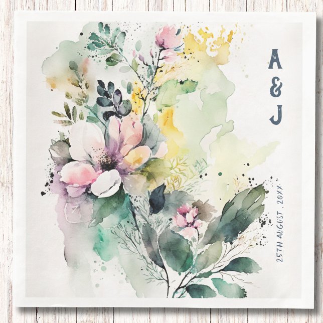 Serviette En Papier Mariage de monogramme floral aquarelle (Créateur téléchargé)