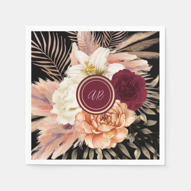 Serviette En Papier Mariage de monogramme floral noir (Devant)