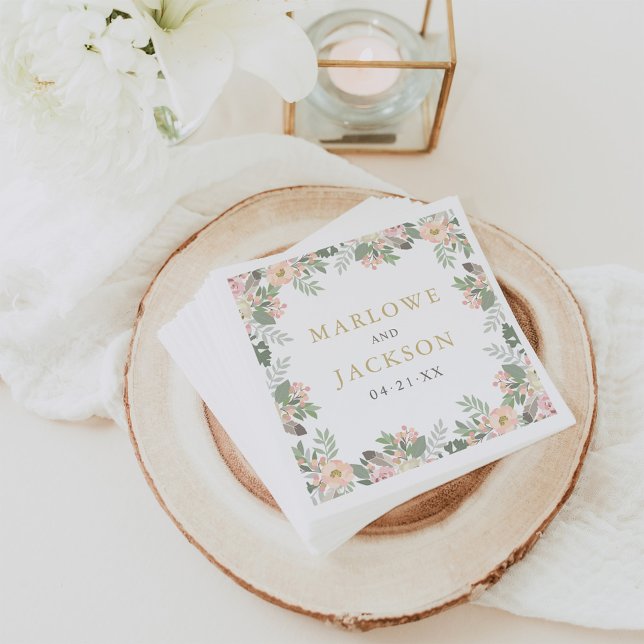 Serviette En Papier Mariage de monogramme floral sauge rose romantique (Créateur téléchargé)