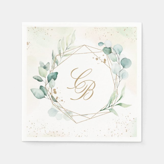 Serviette En Papier Mariage de monogramme géométrique Eucalyptus Green (Devant)