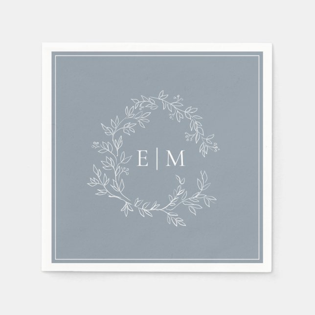 Serviette En Papier Mariage de monogramme moderne Dusty Blue Leafy Cre (Devant)