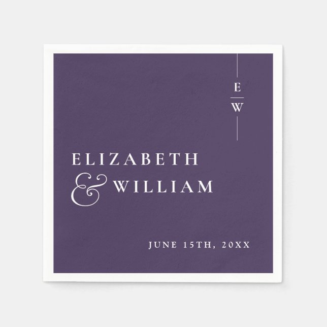 Serviette En Papier Mariage de monogramme moderne minimaliste violet (Devant)