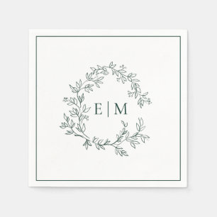 Serviette En Papier Mariage de monogramme vert émeraude moderne