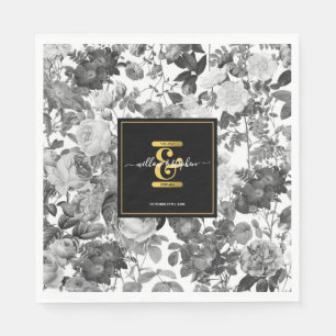 Serviette En Papier Mariage de monogramme Vintage noir, or blanc