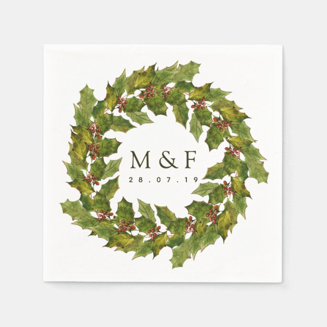 Serviette En Papier Mariage de Noël Floral Holly Aquarelle (Devant)