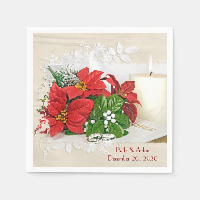 Serviette En Papier Mariage de Noël poinsettia et bougie (Devant)