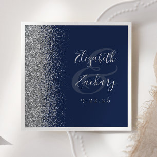 Serviette En Papier Mariage de Parties scintillant en argent bleu mari