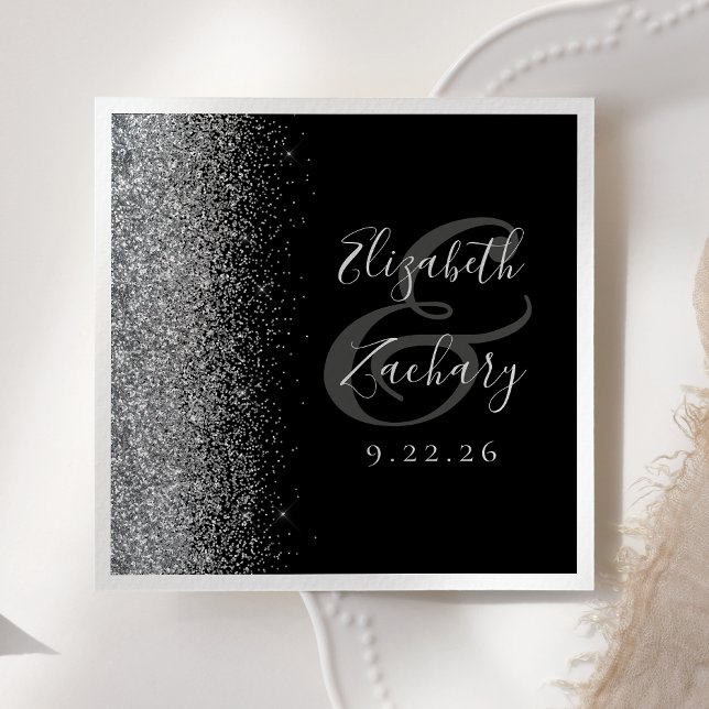 Serviette En Papier Mariage de Parties scintillant en argent noir (Créateur téléchargé)