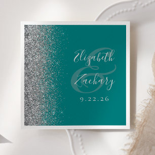 Serviette En Papier Mariage de Parties scintillant en argent turquoise