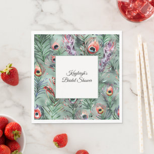 Serviette En Papier Mariage de plumes de paon vert rouge