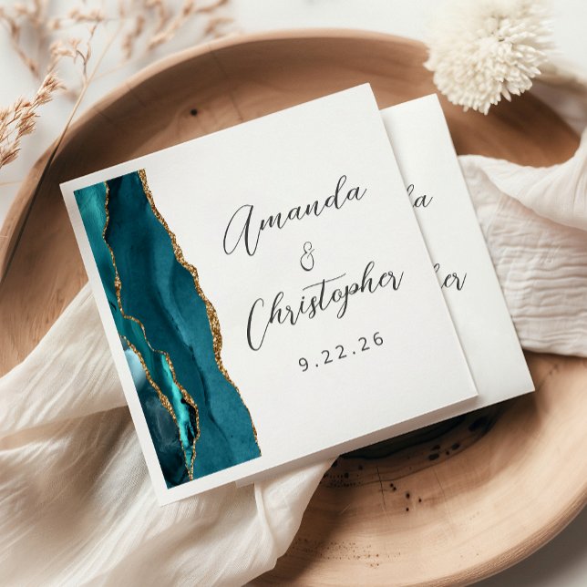 Serviette En Papier Mariage de script Agate Turquoise Blue Gold (Créateur téléchargé)