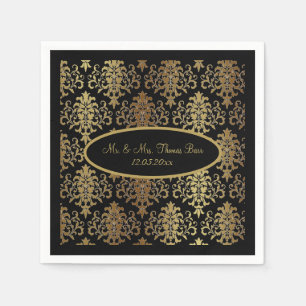 Serviette En Papier Mariage de script noir Gold Damask