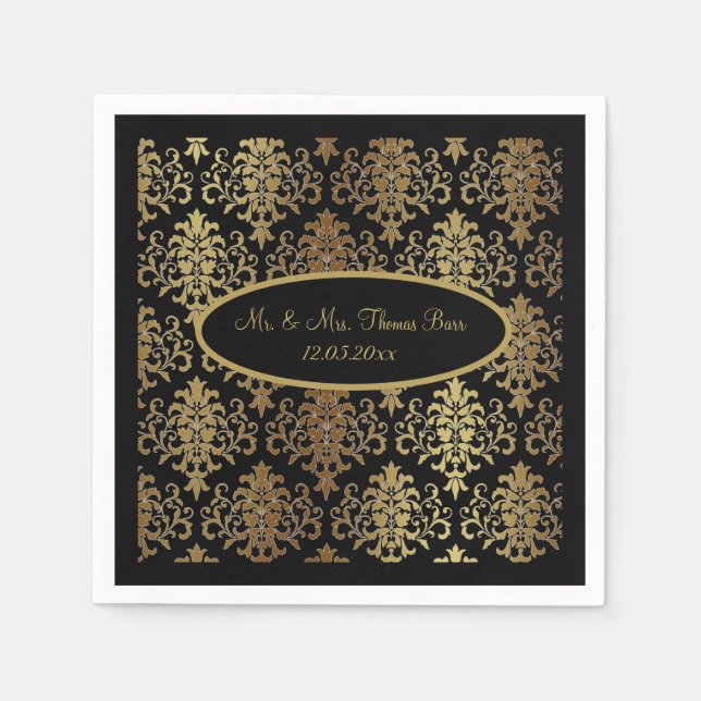 Serviette En Papier Mariage de script noir Gold Damask (Devant)