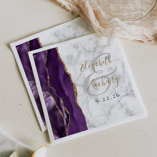 Serviette En Papier Mariage de script or en marbre violet Agate (Créateur téléchargé)
