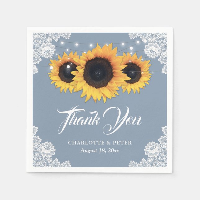 Serviette En Papier Mariage de tournesol en dentelle bleu rustique (Devant)