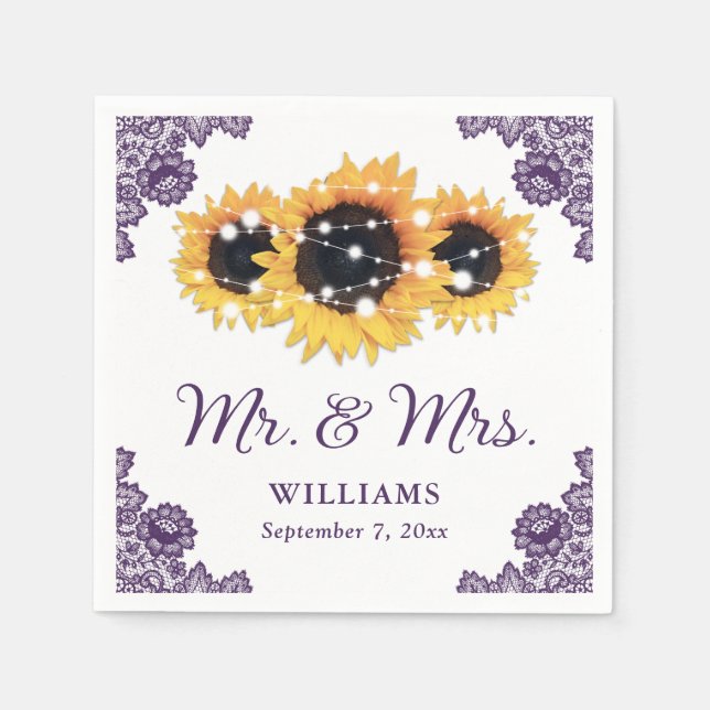 Serviette En Papier Mariage de tournesol en dentelle violet rustique (Devant)