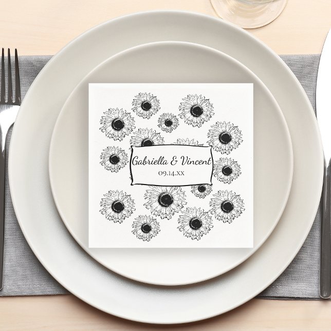 Serviette En Papier Mariage de tournesols éparpillés noir et blanc (Créateur téléchargé)