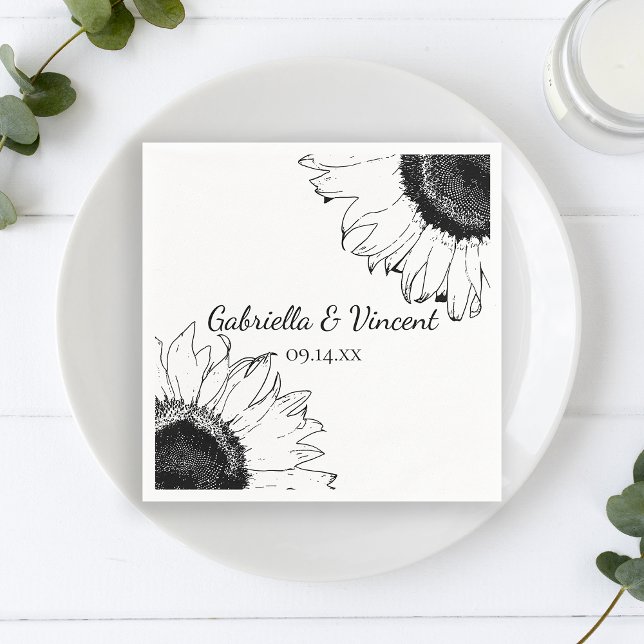 Serviette En Papier Mariage de tournesols noir et blanc (Créateur téléchargé)