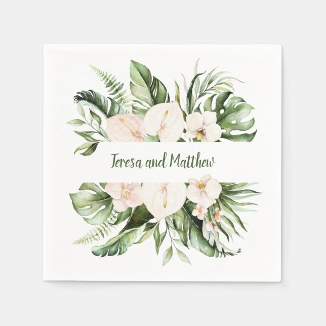 Serviette En Papier Mariage de végétation florale et tropicale rose pâ (Devant)