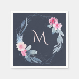 SERVIETTE EN PAPIER MARIAGE DE VERRE DE MONOGRAMME FLEURIE BLEUE MARIN