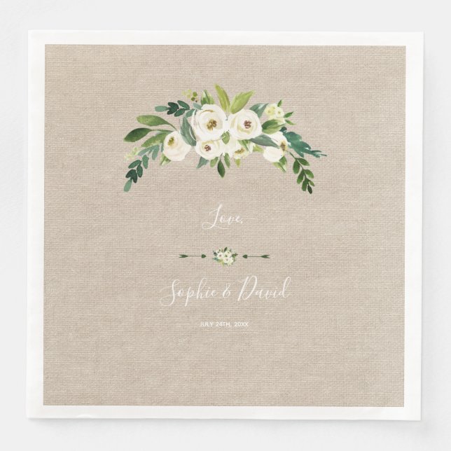 Serviette En Papier Mariage d'écriture moderne de Burlap Floral Blanc (Devant)